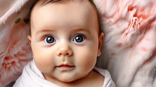 A portrait of a cute baby with big blue eyes, lying on a floral patterned fabric