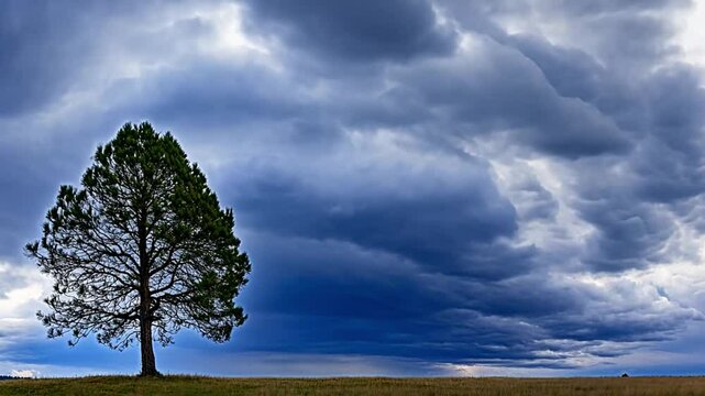 A lone tree stands strong beneath a dramatic, cloudy sky. The scene evokes a sense of serenity and resilience
