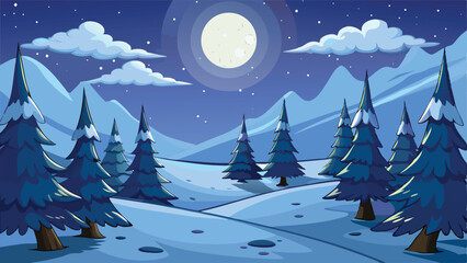 Snowy Pine Forest Under Moonlight.