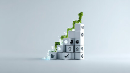 3D Render of Building Blocks Stacked Upward with a Growth Arrow for Business Strategy