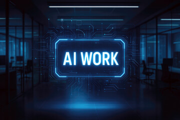 Futuristic digital interface displaying artificial intelligence work in a modern office
