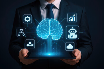 Futuristic digital brain network with business icons artificial intelligence technology