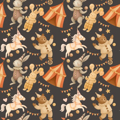 Seamless children's pattern with illustrations of cute watercolor Circus Animals on a dark background. Kids circus watercolour ornament with seam  for design, fabric, and packaging, wrapping, w © Julia