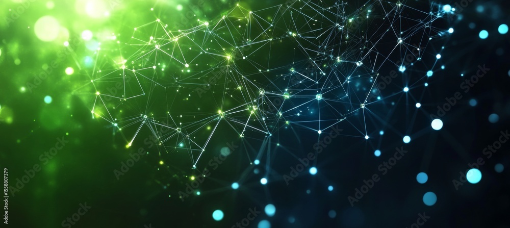 Poster intricate network of abstract green and blue polygonal shapes with interconnected data points design