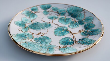 Decorative plate with teal leaves and gold trim for home decor and table setting design ideas