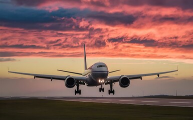airplane landing at sunset