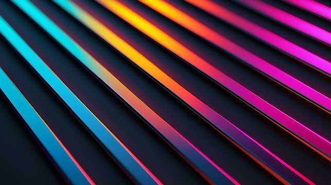 Colorful diagonal neon light strips in shades of blue, orange, pink, and purple create a vibrant, abstract, futuristic visual effect on a dark background. - Powered by Adobe