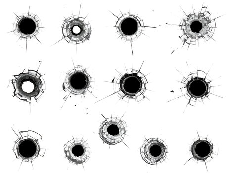 Dynamic array of bullet holes revealing intricate glass damage and powerful impact