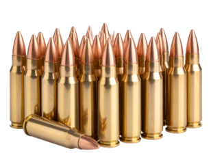 A powerful display of gleaming rifle ammunition stands ready for precision and defense