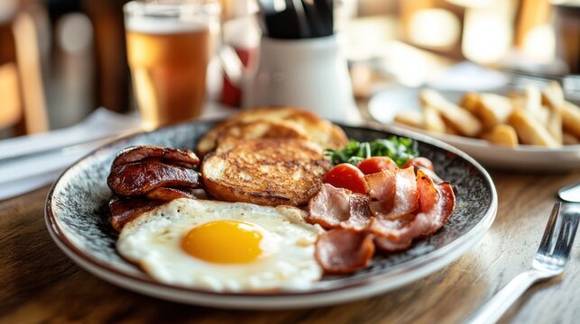breakfast at a cafe with scrambled eggs - Powered by Adobe
