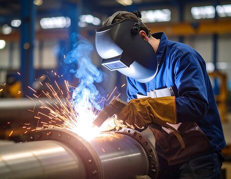 Welder working on metal pipes in a factory