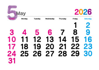 2026年5月の刺繍文字風カレンダー 日曜始まり