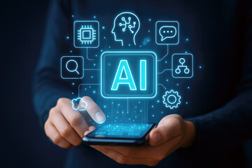 Fototapeta premium Glowing blue artificial intelligence interface projected above a smartphone technology