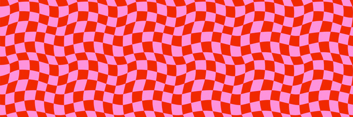 Retro wavy checker seamless pattern background in red and pink with distorted grid. Abstract checkerboard vector for groovy wallpaper, packaging, wrapping paper, funky print. Drag to swatches panel