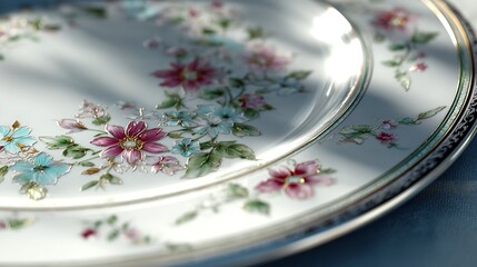 Close up of vintage floral china plate with gold trim for elegant dining and table setting decor items
