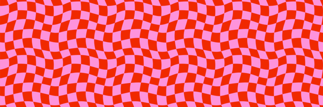 Retro wavy checker seamless pattern background in red and pink with distorted grid. Abstract checkerboard vector for groovy wallpaper, packaging, wrapping paper, funky print. Drag to swatches panel