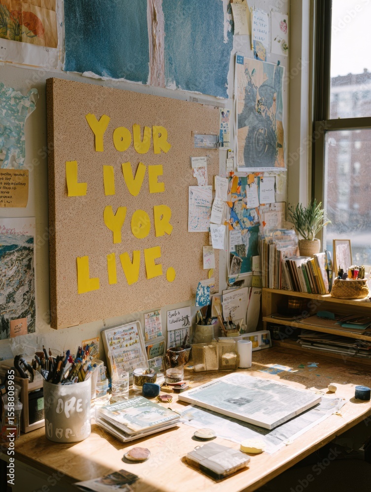 Poster Inspirational Quote Board Displayed in a Vibrant Abstract Workspace Filled With Creative Materials and Personal Touches