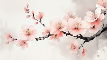 Delicate Watercolor Painting of Blossoming Peach Branches