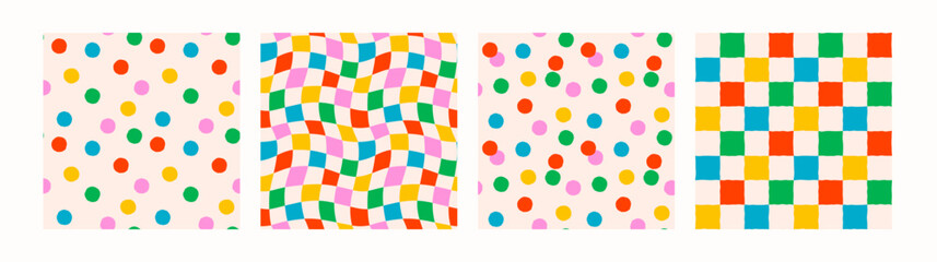 Colorful seamless dot and checker patterns with playful retro vibe. Bright dots and squares abstract confetti backgrounds. Perfect for fabric, wrapping paper, kids decor. Drag to swatches panel