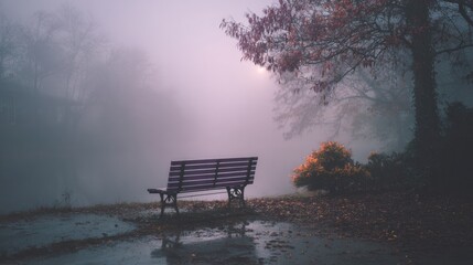 Mysterious Foggy Park Scene Featuring a Solitary Bench Surrounded by Ethereal Mist and Lush Greenery