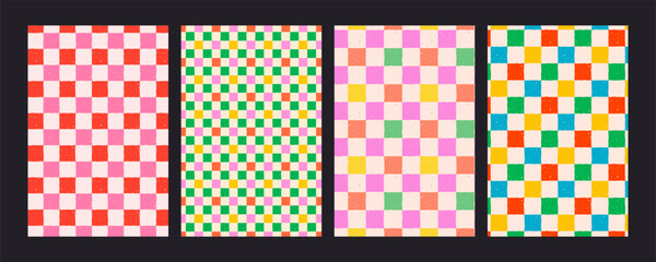 Colorful checker pattern backgrounds with red, pink, orange, green, blue, yellow, and pastel squares. Seamless playful vector backgrounds for wrapping, kids party decor or fabric