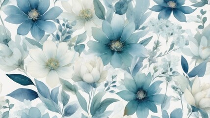 Fototapeta premium Seamless Watercolor Floral Pattern Blue and White Flowers