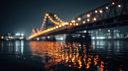Obraz premium Illuminated Bridge at Night with Bright Reflections on Calm Water Creating a Tranquil Atmosphere