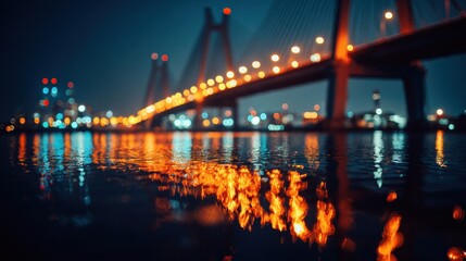 Enchanting Bridge Illuminated at Night with Vibrant Lights Reflected in Calm Water Creating Serenity