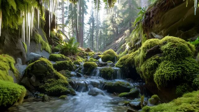 氷柱滴る苔むす洞窟風景