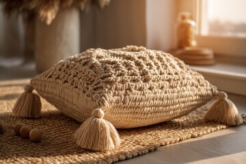 Decorative woven cushion resting on a natural fiber mat in a sunlit room showcasing a cozy atmosphere