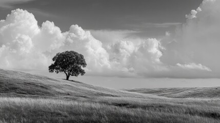 Obraz premium Solitary Tree Standing Tall in Expansive Green Field Under Clear Blue Sky Evoking Peaceful Serenity