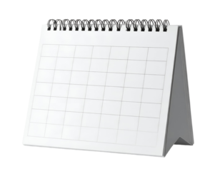 A pristine, blank spiral-bound desk calendar offers a clear grid for organized scheduling.