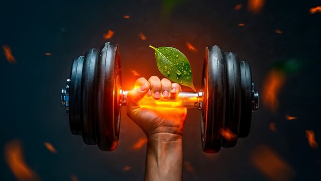 Hand holding glowing dumbbell with leaf fitness strength