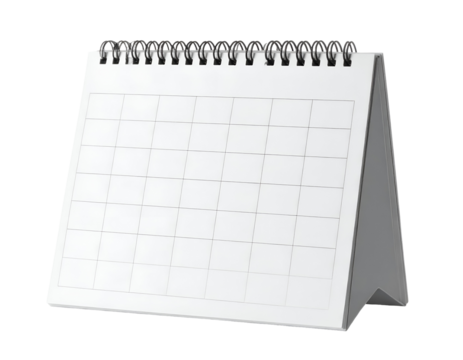 A pristine, blank spiral-bound desk calendar offers a clear grid for organized scheduling.