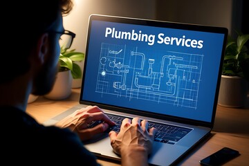 Person using laptop with plumbing blueprint engineering