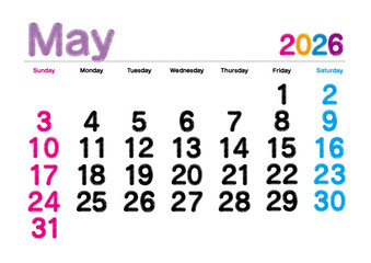 2026年5月の刺繍文字風カレンダー 日曜始まり 日本の祝日表記無し
