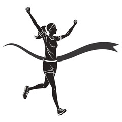 Triumphant Runner: Silhouette of a Winning Female Athlete Crossing the Finish Line