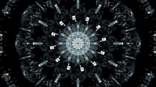 Hypnotic 3D crystal glass mandala loop with psychedelic shaders, sacred geometry, and kaleidoscopic patterns. Seamless VJ background for spiritual visuals, meditation, or trance shows.
