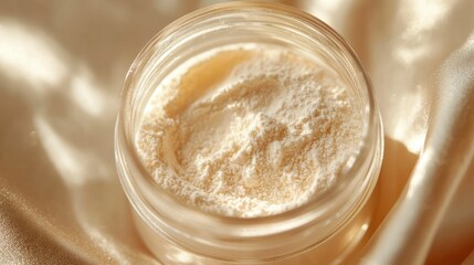 Close up shot of a glass jar filled with collagen powder showcasing the smooth shiny texture of the supplement under soft golden lighting  This image evokes a sense of natural beauty wellness