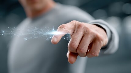 5G for disaster response, A person"s hand is pointing forward, interacting with a glowing digital interface made of light particles and data streams.