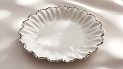 Elegant scalloped serving dish white ceramic with silver trim home decor kitchenware photography prop