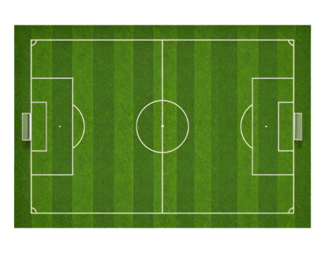 A vibrant green soccer field with crisp white markings and goals, viewed from directly above, awaiting play.