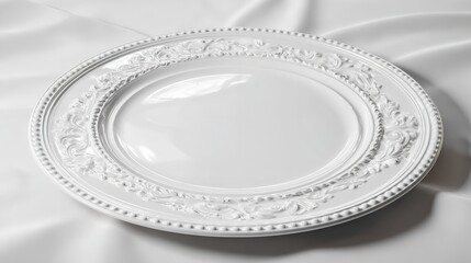 Elegant white plate with embossed design for dining table decor and food presentation photography prop