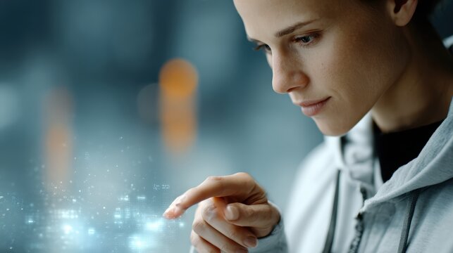 5G for disaster response, A focused woman interacts with a futuristic digital interface, highlighting modern technology and innovation.