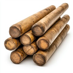 Stack of Light Brown Cylindrical Wooden Poles on White Background