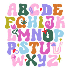 Groovy liquid positive vibe aesthetic hand-drawn bright color alphabet font with flowers and mushrooms in hippie bohemian groovy postmodern funky 1960s boho mushroomcore trendy psychedelic style