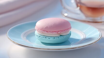 Pink and blue macarons on a plate delicious dessert food photography sweet treat confectionery baked goods
