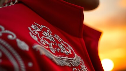 Embroidered charro jacket collar with silver details, showcasing rich red fabric and cultural elegance.