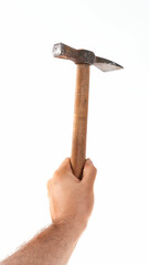 Hand holding a hammer against a white background