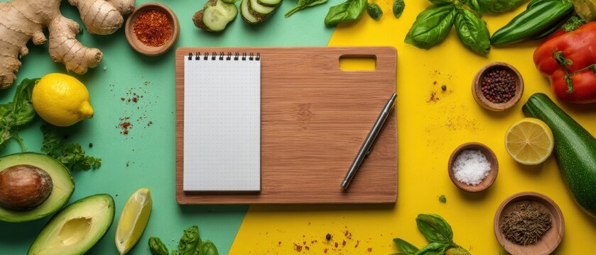The vibrant kitchen scene with ingredients and a notepad for delicious recipes.